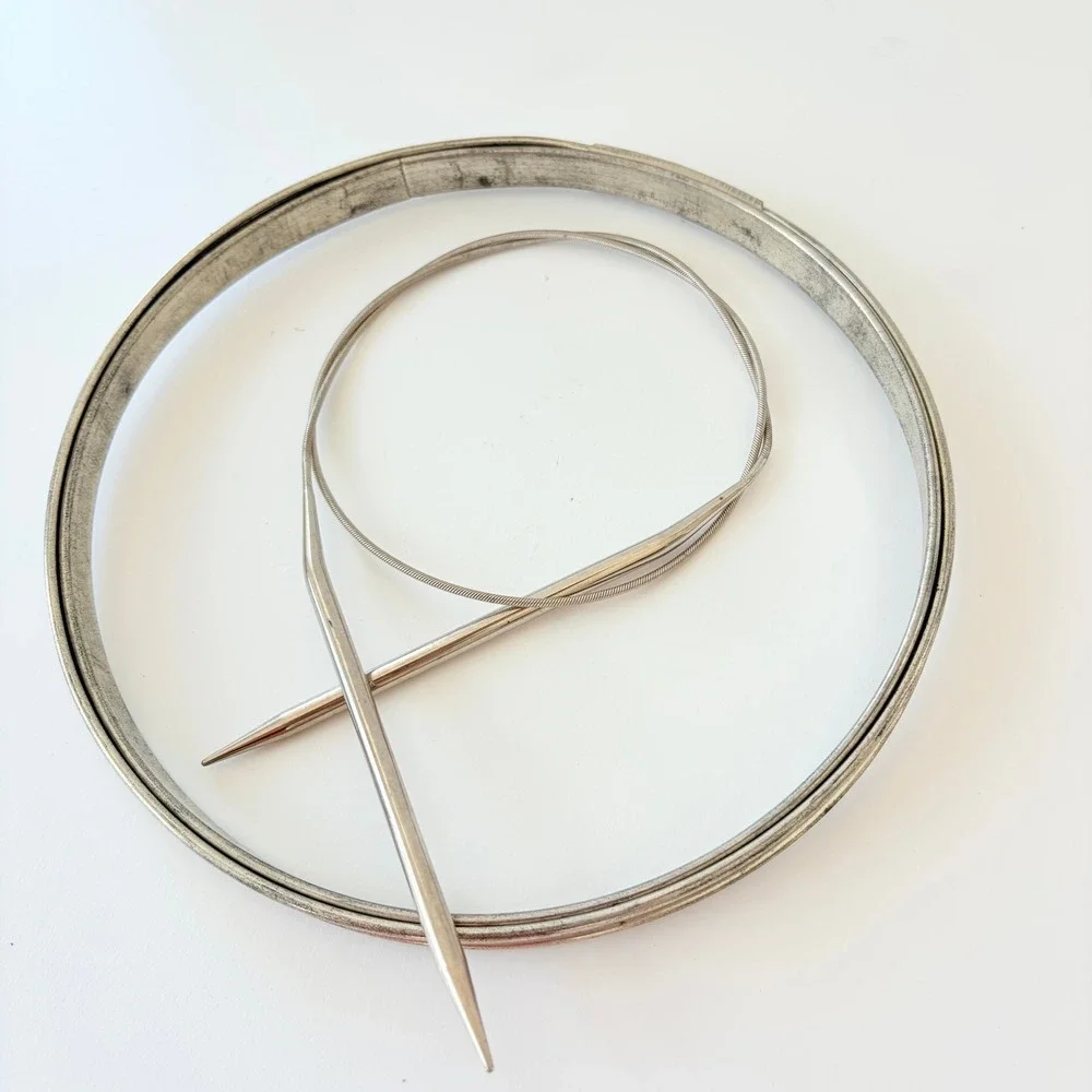 Vintage Metal Embroidery Hoop 7 Inch and Circular Knitting Needle Set Silver